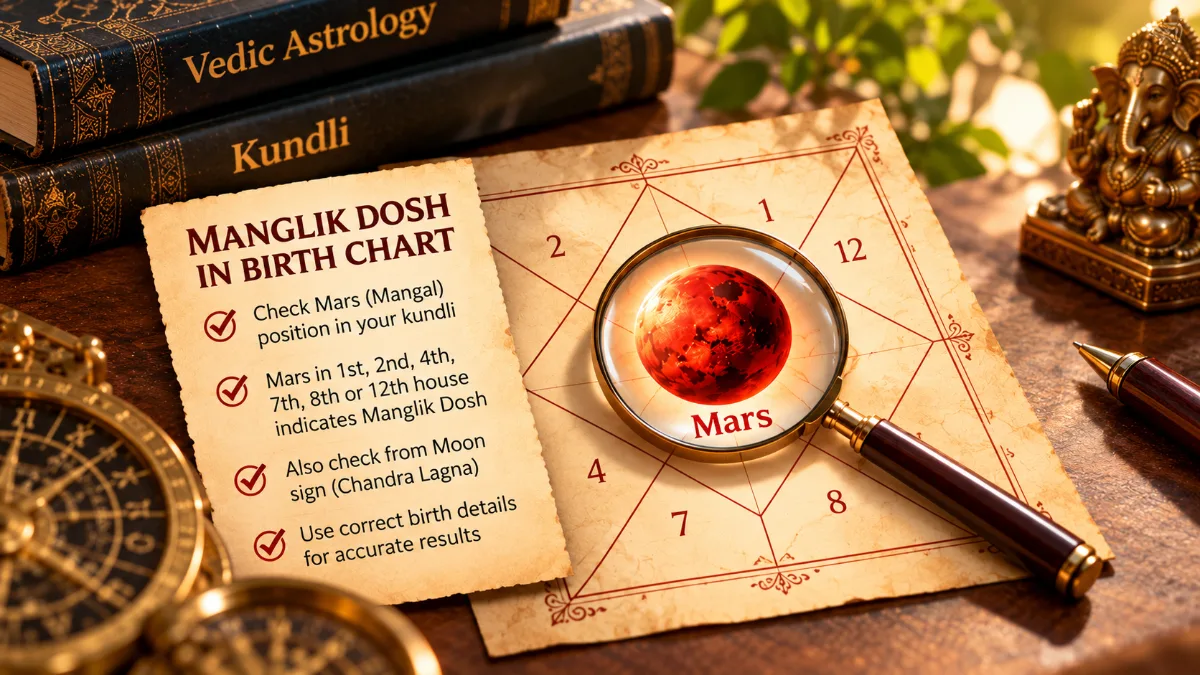 Magnifying glass over Mars on a North Indian kundli chart showing the 1st, 2nd, 4th, 7th, 8th and 12th houses used to check Manglik Dosh
